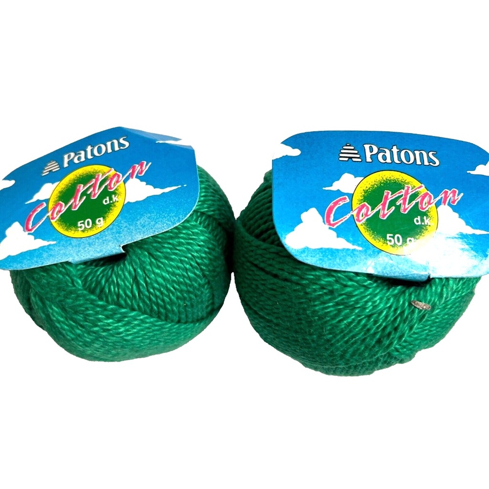 Lot of 2 Balls Patons 100% Cotton DK Yarn Green 50 g each 116 Yards Made Brazil